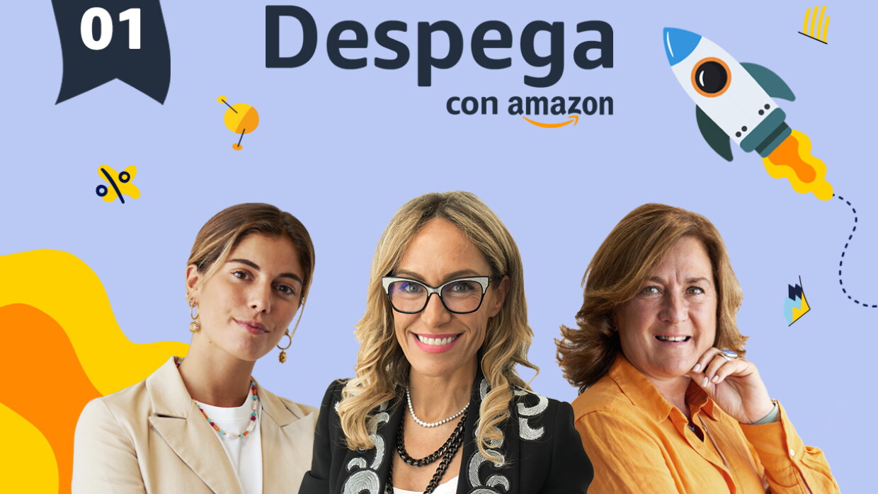 Poster del podcast Despega. En un fondo morado claro aparece una bandera con la letras y números Episodio 01. Después dibujos de un cohete que está despegando, satélites y unas olas de color amarillo y naranja. Además en letras azules Despega con Amazon con la sonrisa debajo de la palabras Amazon. De izquierda a derecha,  SARA BACEIREDO, influencer y fundadora de It's lava. Con uns pendientes con argolla colgando un collar de colores, el pelo recogido para atrás. Vestida con un jersey de algodón blnaco y una americana de color beige. En el medio la presentadora Luján Argüelles con una gafas de color negro y blanco, dos collares de perlas, uno de perlas blancas y el orto de perlas negras. Una americana de color negro con una sanefa de color plateado y un jersei de punto blanco debajo. Cristina Vicedo, emprendedora y profesora del IE, lleva el pelo suelto por el hombro  y color castaño. Una camisa de hilo de color naranja y un collar que no se ve el final poque queda por debajo de la mesa. Tiene los ojos azules muy claros y está muy morena de piel. 