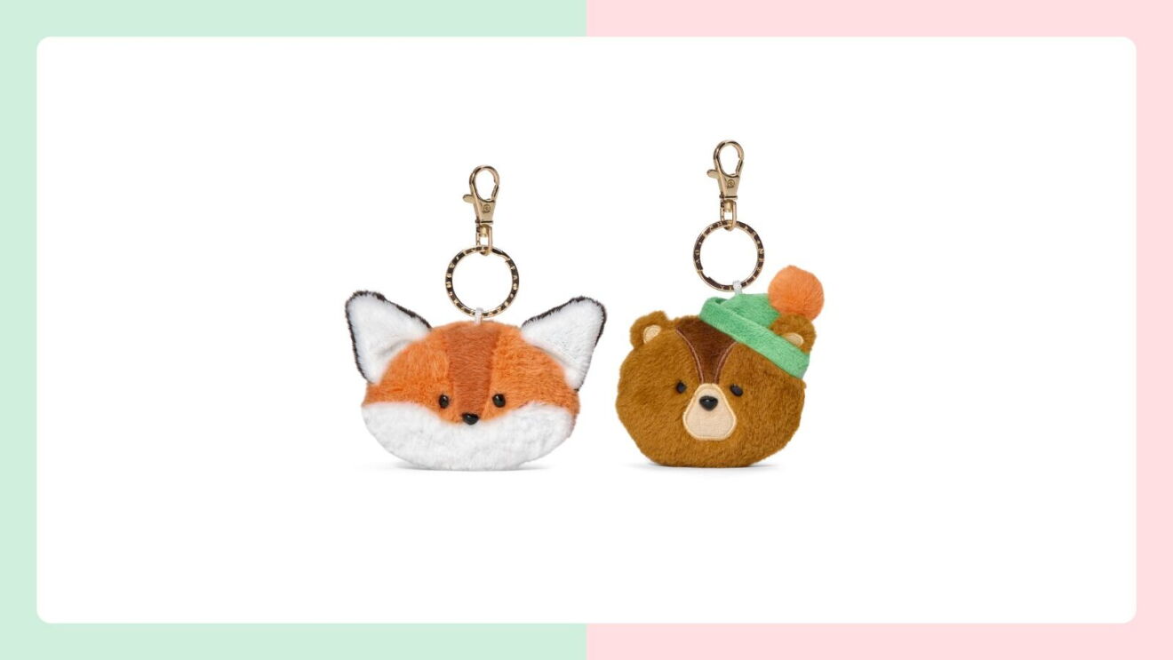 Plush fox and bear face keychains with gold clasps