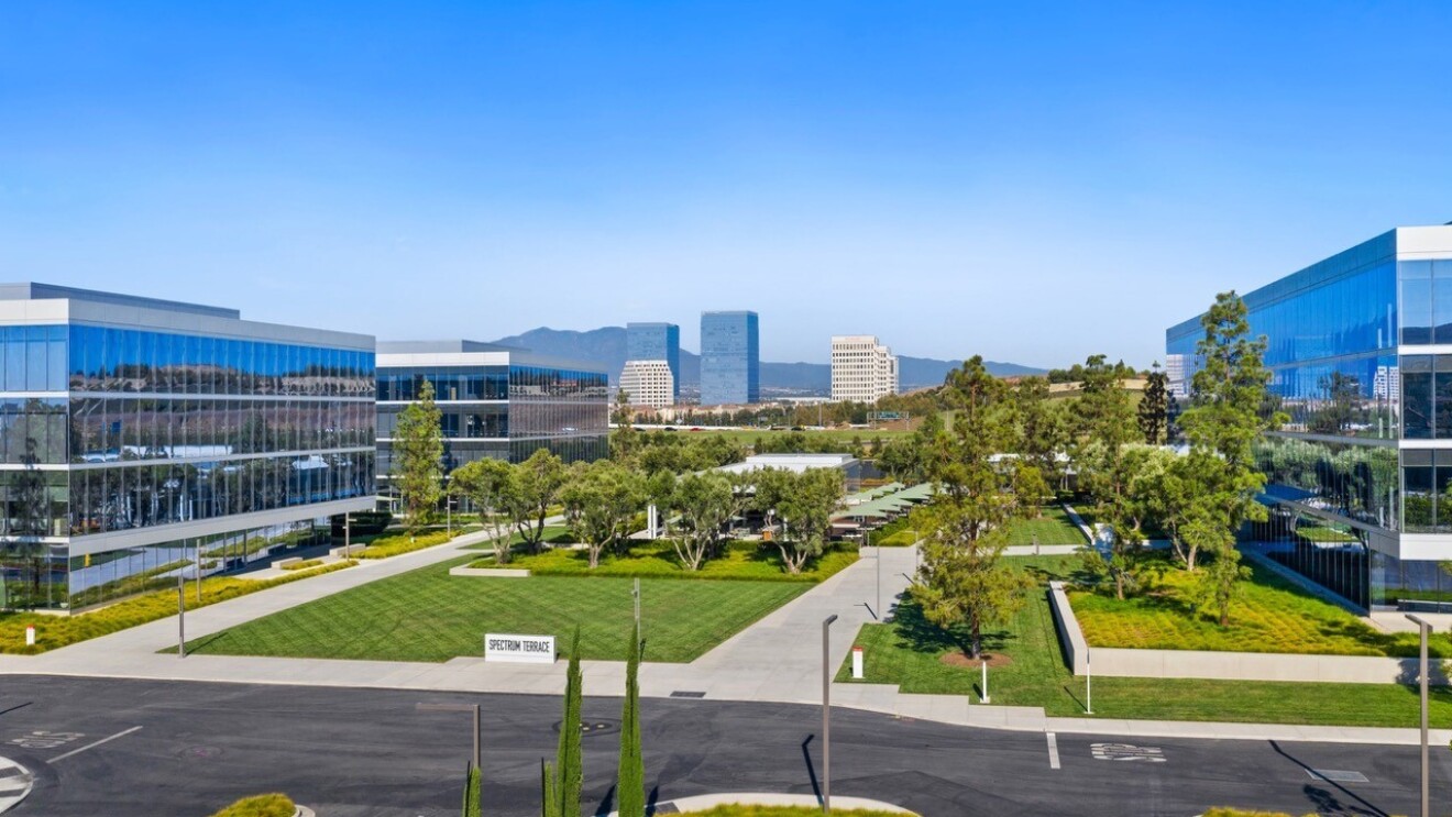 A rendering of the outside of the Amazon office in Irvine, California.