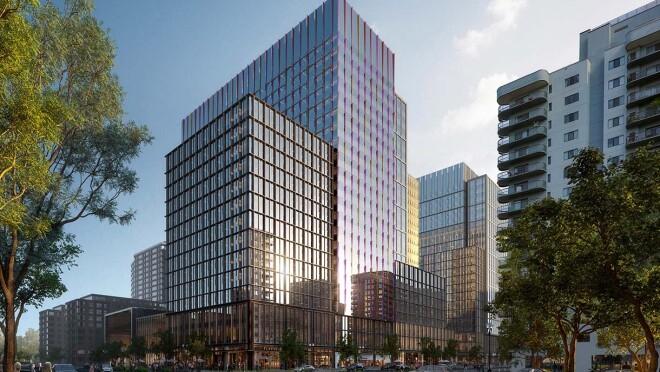 位于弗吉尼亚州阿灵顿的亚马逊第二总部大都会公园的效果图。