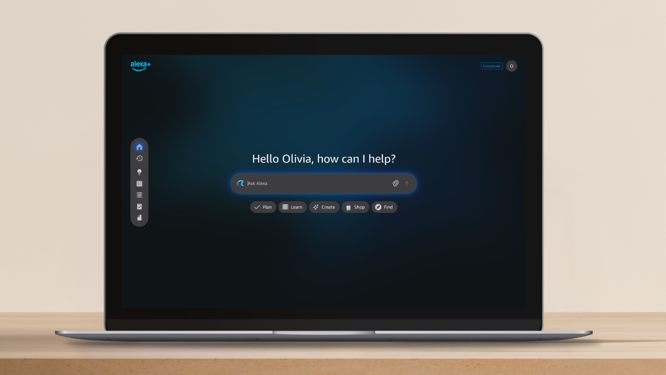 Alexa+ interface welcoming Olivia with search bar and menu options
