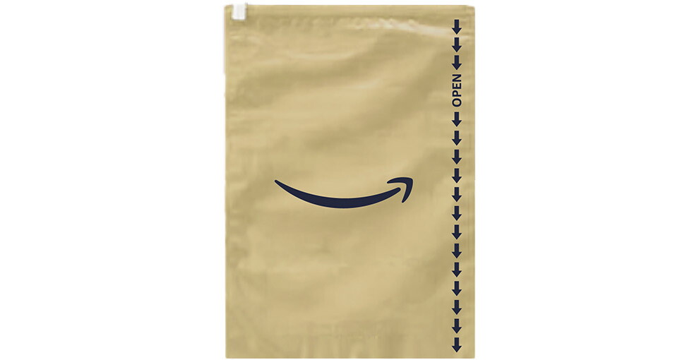 白背景に、ベージュの段ボール色の長方形の袋。中央にAmazonのスマイルロゴが入っている。右側には連続の下向き矢印とOPENの文字。