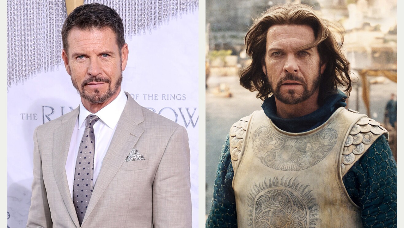 A split image showing the actor listed above on the red carpet for the Lord of the Rings: The Rings of Power premiere vs in full makeup and costume as their character in the show.