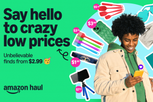 Amazon Haul featuring low priced products and a person shopping on their phone.