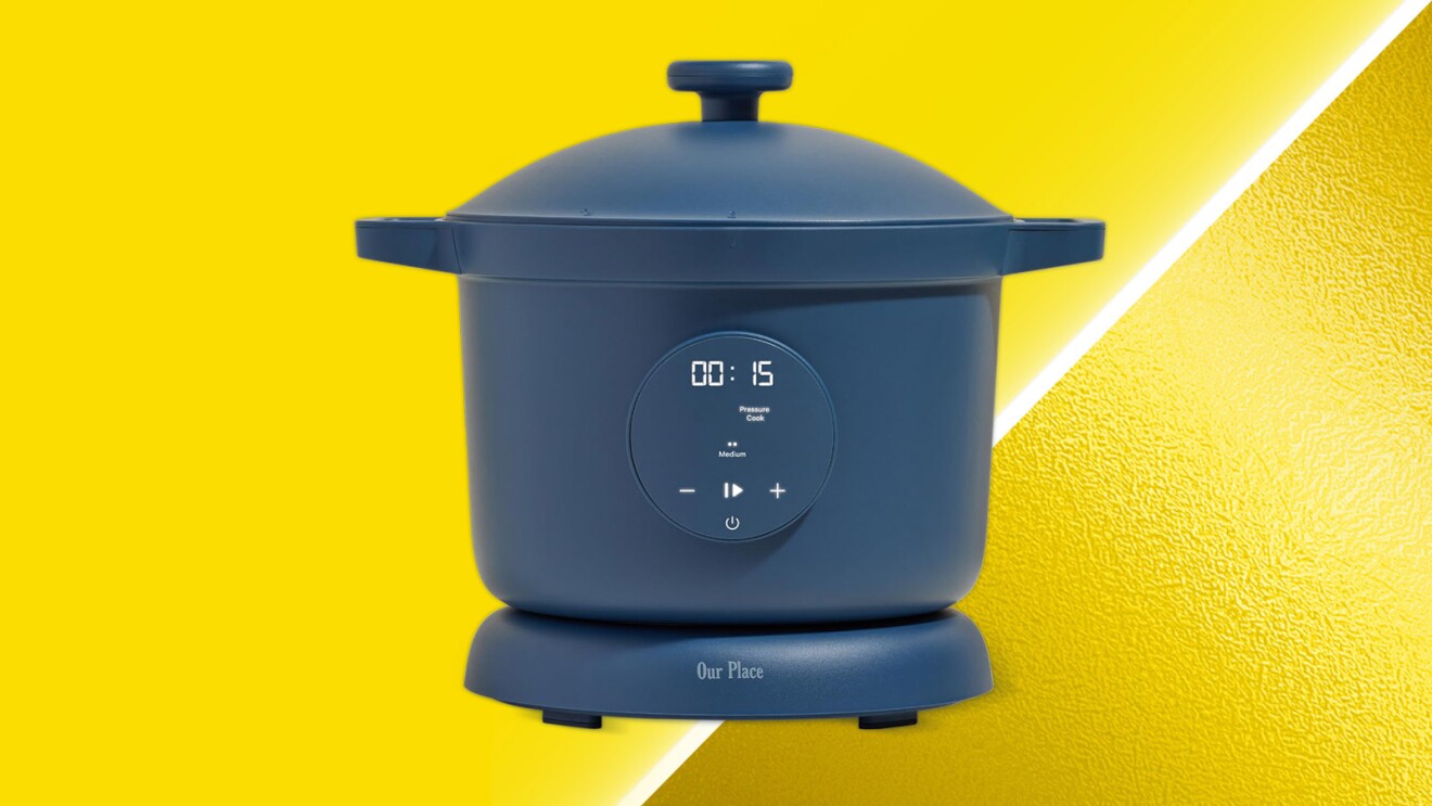 Compact blue electric multicooker with touchscreen display