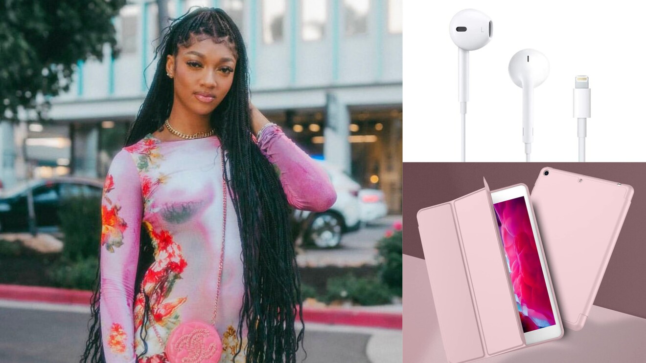 A collage of images. On the left: Angel Reese poses outside. On the top right: a pair of air pods. On the bottom right: an iPad with a light pink protective cover.