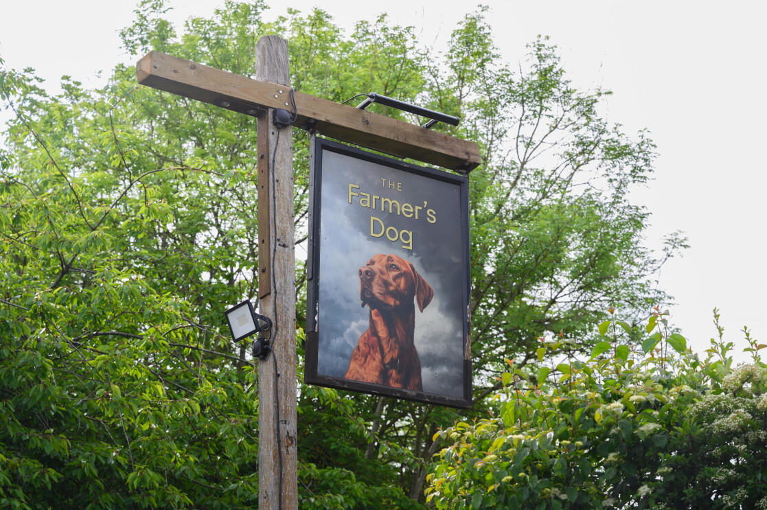 The sign at The Farmer's Dog in Burford, Jeremy Clarkson's proper British pub from Clarkson's Farm season 4