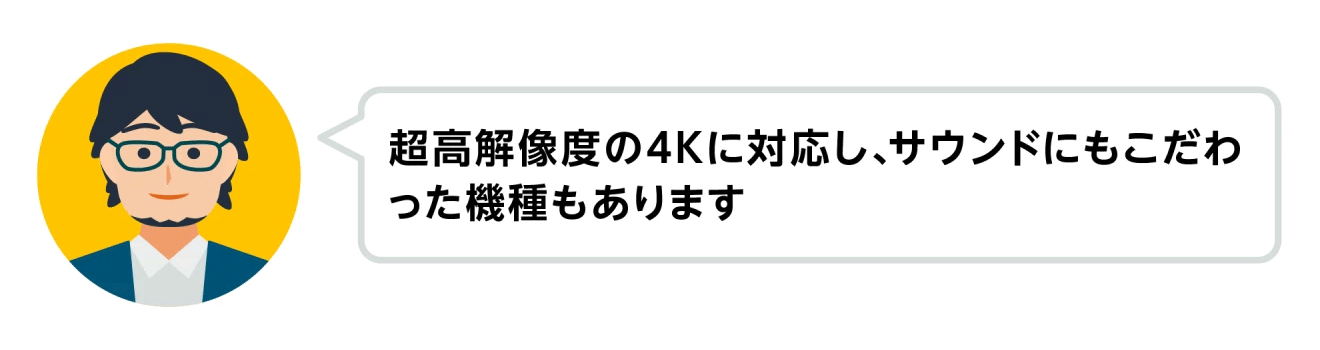 左側の円の中に、眼鏡をかけた男性の顔イラスト。イラストの右側に吹き出しがあり、「超高解像度の4Kに対応し、サウンドにもこだわった機種もあります」の文字。