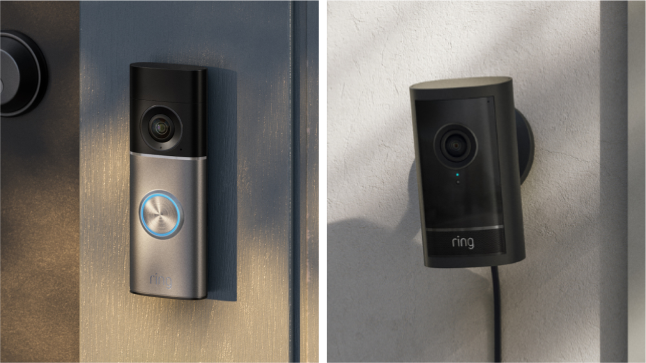 A Ring video doorbell and a Ring outdoor security camera, one silver and one black, mounted on walls