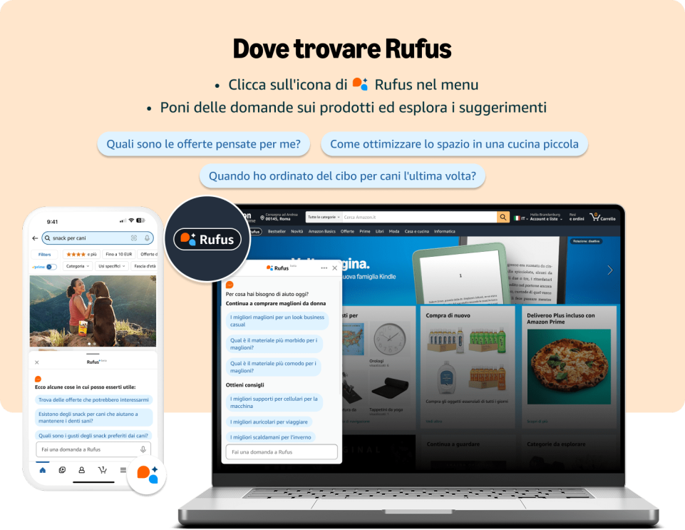 Telefono con l'assistente virtuale rufus di amazon