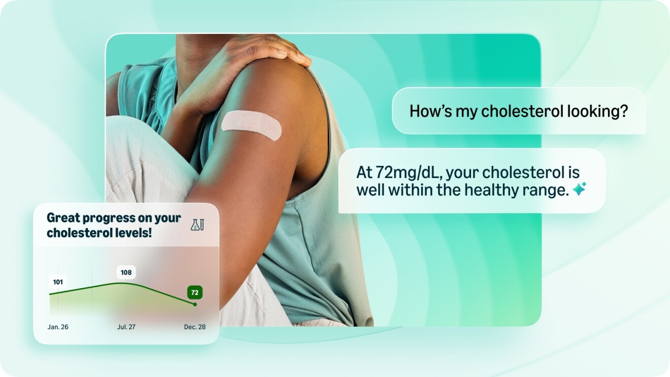 Amazon Health AI interface showing cholesterol progress and patient's arm with bandage