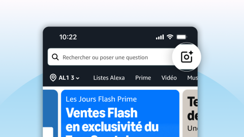 Page d'accueil de l'application Amazon avec barre de recherche et bannière de vente flash