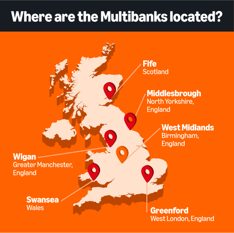 A map showing the location of all six Multibanks throughout the UK