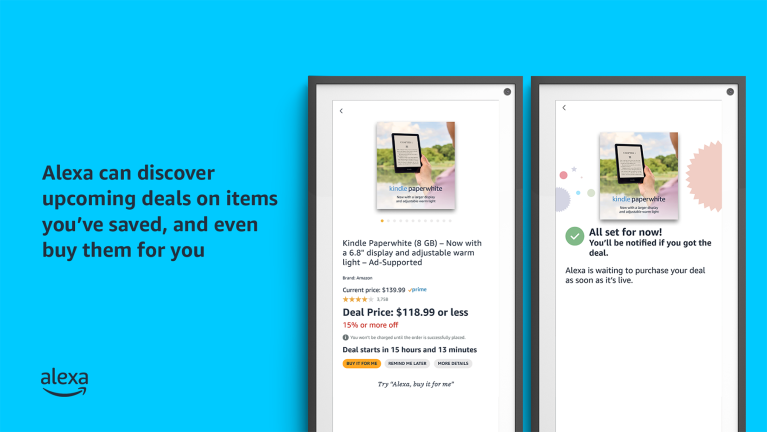 An illustrated image with text on the left that says "Alexa can discover upcoming deals on items you've saved, and even buy them for you." There are two Kindle screens on the right side of the image that show someone purchasing a Kindle at a discounted price.