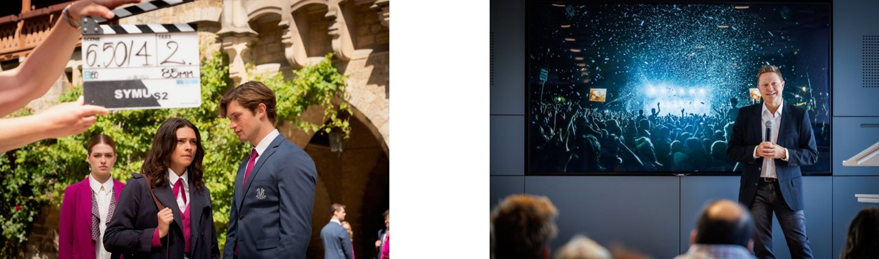 links: Dreh von Maxton Hall - die Welt zwischen uns; rechts: Präsentation des Kreativwirtschaftsberichts durch Roger Menz (Head of Amazon Music for Germany)