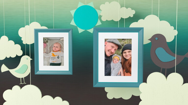 Zwei Fotos: ein Baby im Amazon-Body und eine junge Familie mit einem Baby.
