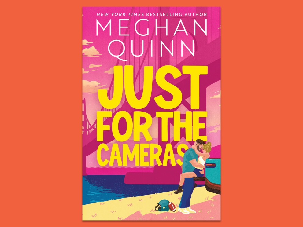 Book cover: 'Just for the Cameras' by Meghan Quinn, featuring romantic silhouette available on Amazon