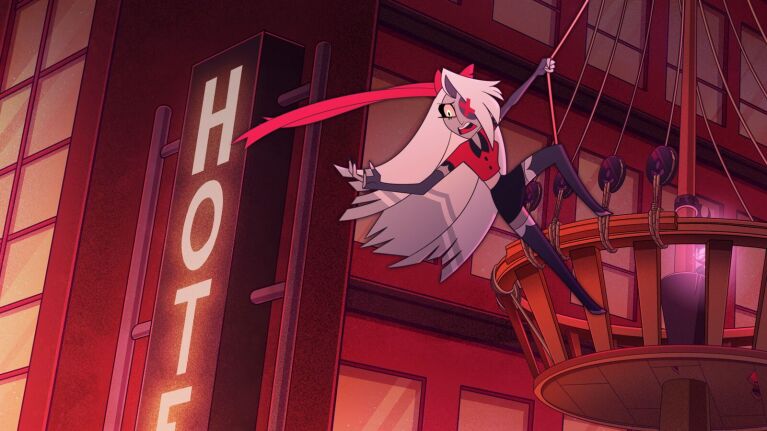 Hazbin Hotel: Animated character swinging from hotel sign in neon-lit cityscape