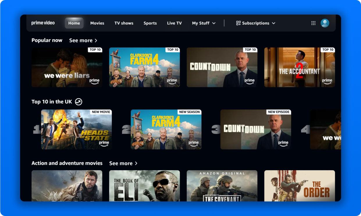 Prime Video interface showing popular titles and categories