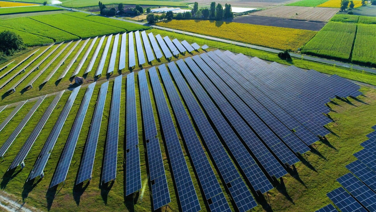 Campos verdes que en uno de ellos hay placas solares. En la foto solo se ven campos verdes, no hay cielo. Los cacmpos son de diferentes tonalidades de verde. 