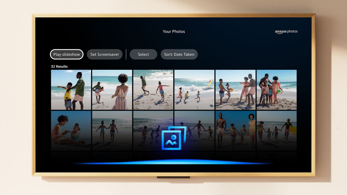 Amazon Photos interface displaying beach vacation thumbnails on a Fire TV screen
