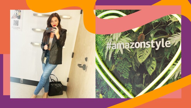 A split image. On the left side a woman is taking a selfie inside a fitting room. On the right side there is a wall sign that says #amazonstyle