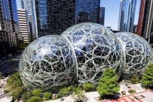 An aerial photo of the spheres at Amazon's headquarters in Seattle.