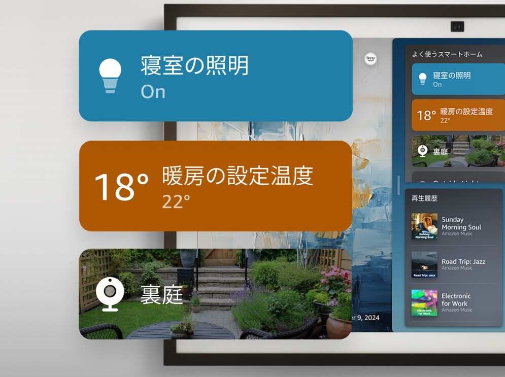 Echo show 15の画面に表示されている操作ボタン「寝室の照明」「暖房の設定温度」「カメラのマークに裏庭」が、拡大されてEcho show 15の画面の前にも表示されている