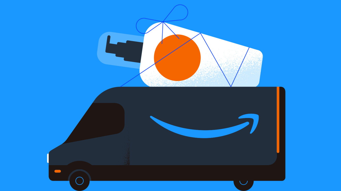 An illustrated image of an Amazon delivery van carrying a bottle of a product on top of it on a blue background. 