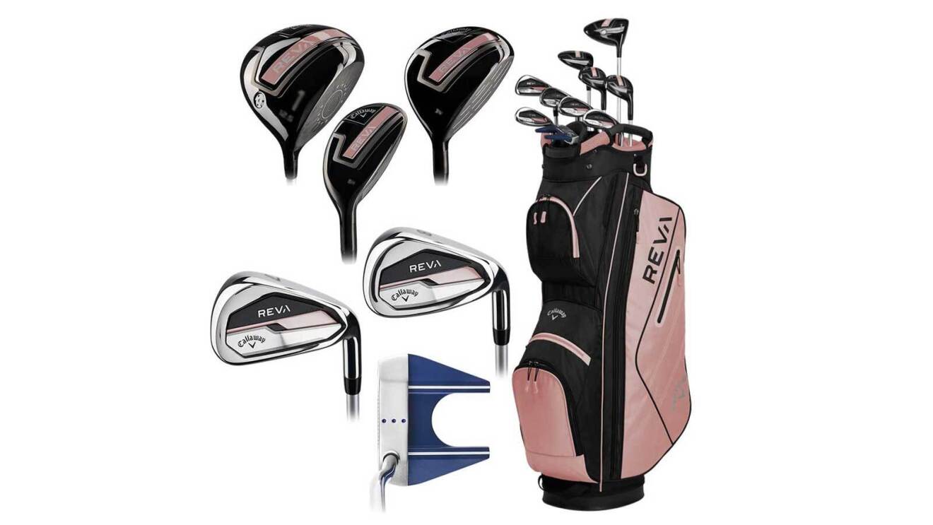 An image of a set of golf clubs with a rose gold case. There are several tips of the heads featured to the right of the set showing the various clubs included in the set.