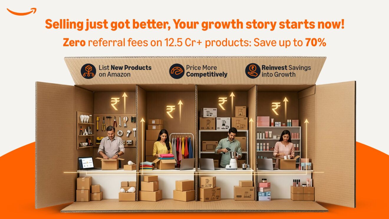 Illustration of Amazon seller benefits: listing new products, competitive pricing, reinvesting savings