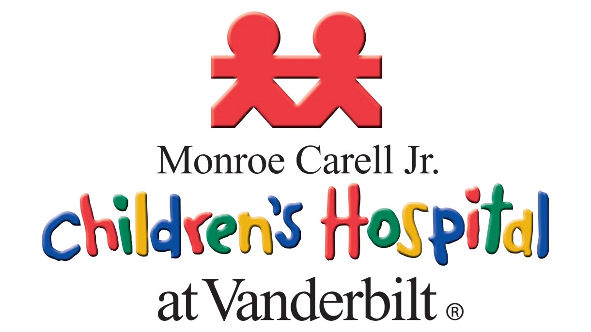 An image of the logo for the Monroe Carell Jr. Children's Hospital at Vanderbilt. The top of the logo shows a red cutout of two paper dolls holding hands.