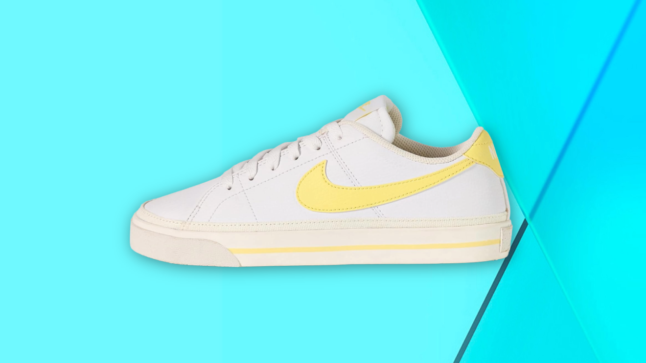 Nike Women's Court Legacy Next Nature Shoes against a teal blue backdrop.