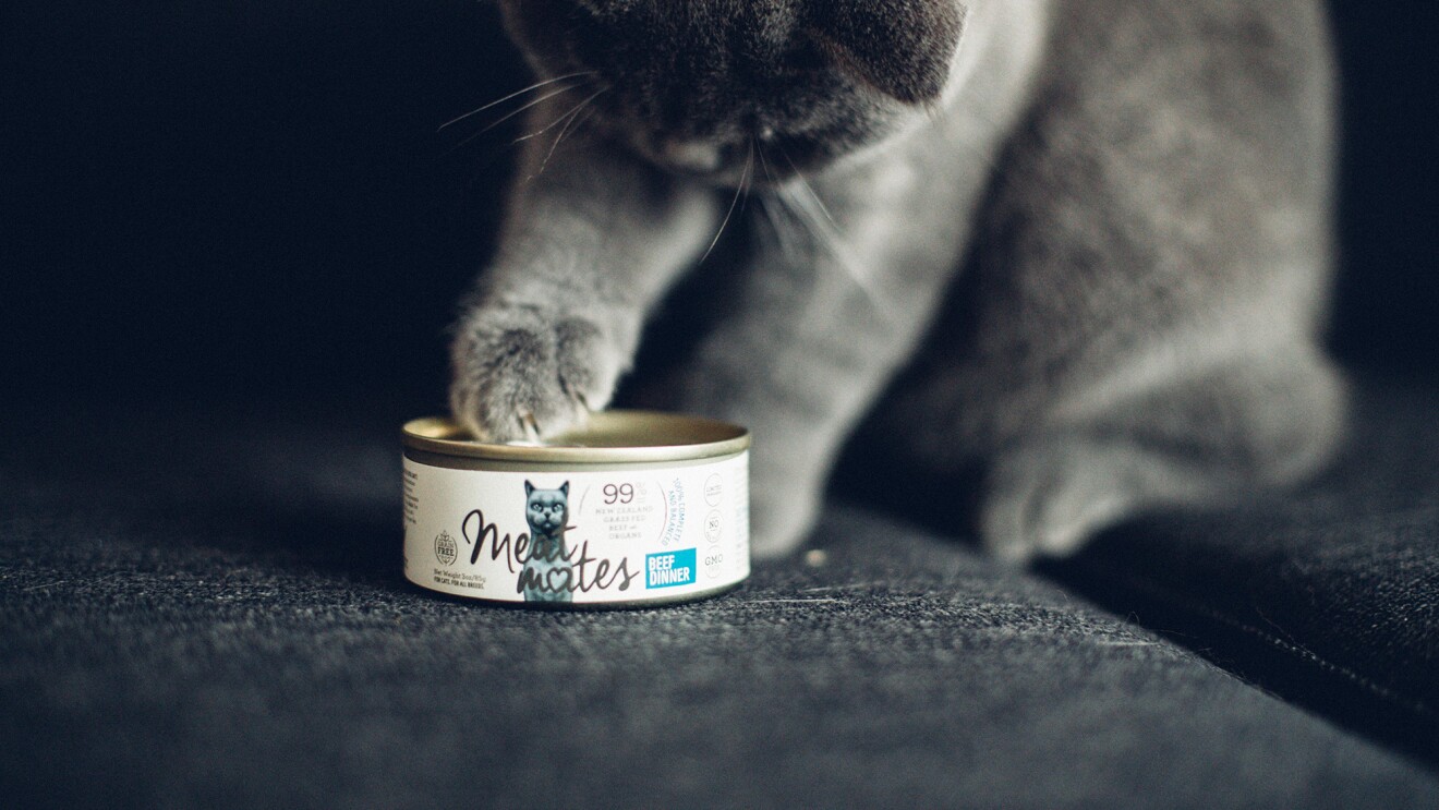 Product imagery of Meat Mates pet food with a customer