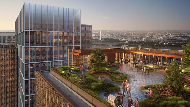 位于弗吉尼亚州阿灵顿的亚马逊第二总部大都会公园的效果图。