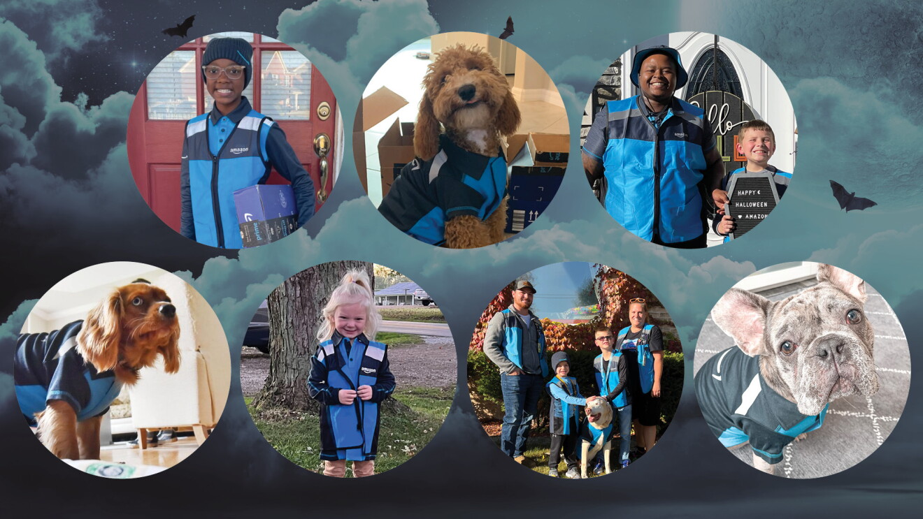 Seven circles with individual pictures of dogs and kids dressed up as Amazon delivery drivers.