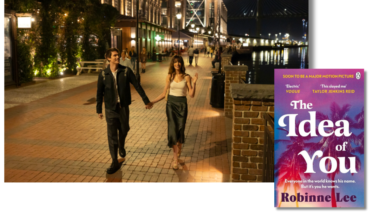 The front cover of the book The Idea of You and an episode still from the film showing Anne Hathaway and Nicholas Galitzine walking down the street