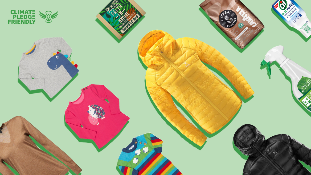 Climate Pledge Friendly products including bright yellow jacket, Cif, Coffee and pink long sleeved childrens top
