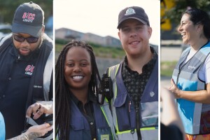 Three scenes of Amazon’s Delivery Service Partners smiling and interacting