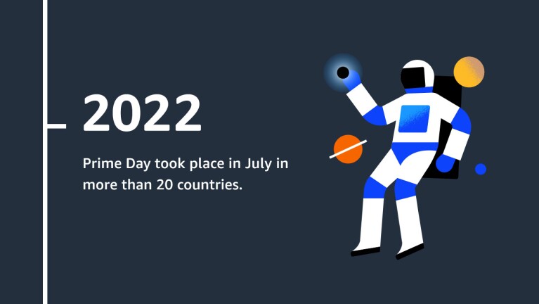 illustration of astronaut on the right with text on the left that says 2022 prime day took place in july in more than 20 countries