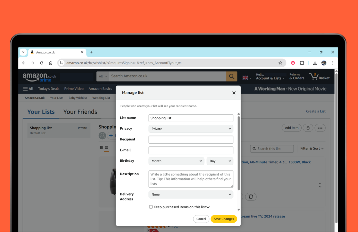 The Amazon shopping list management interface
