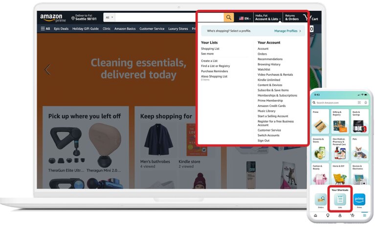 screenshot of the amazon home page on desktop and mobile with red boxes pointing out where to find the lists feature