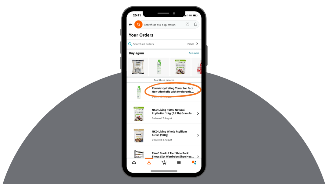 screen showing how to select product when writing reviews on Amazon mobile app