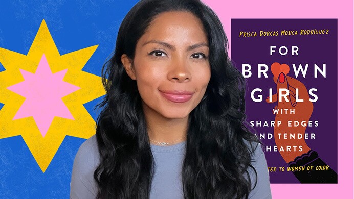 An image of Karla Guadron, software development engineer, Amazon Publishing, and a cover of a book in the background with an illustration of a star in yellow, pink and blue. 