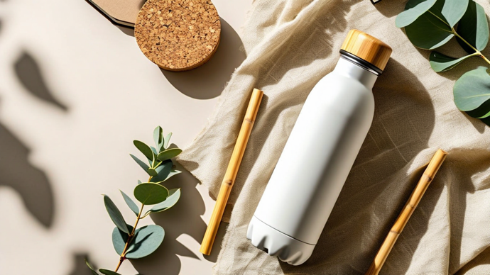 Eine weiße Trinkflasche mit Bambusdeckel liegt dekorativ zwischen Pflanzen und Accessoires.