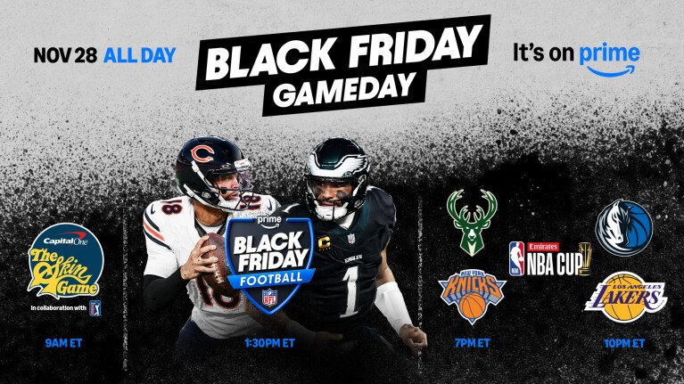 Promo graphic for Black Friday sports on Prime Video, feature The Skins, Eagles vs. Bears and two NBA games.