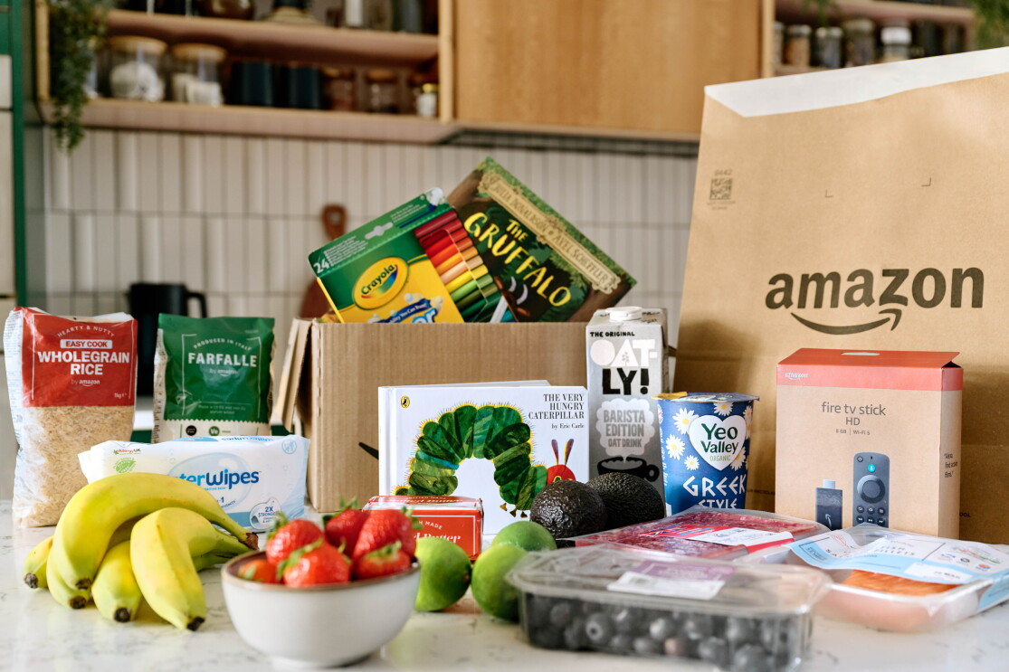 Amazon groceries and products on a counter top