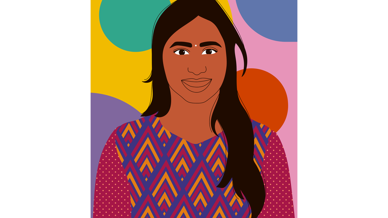 Art by Aurelia Durand depicting a woman who works in technology. Colors are bright and saturated in the woman's image, and background