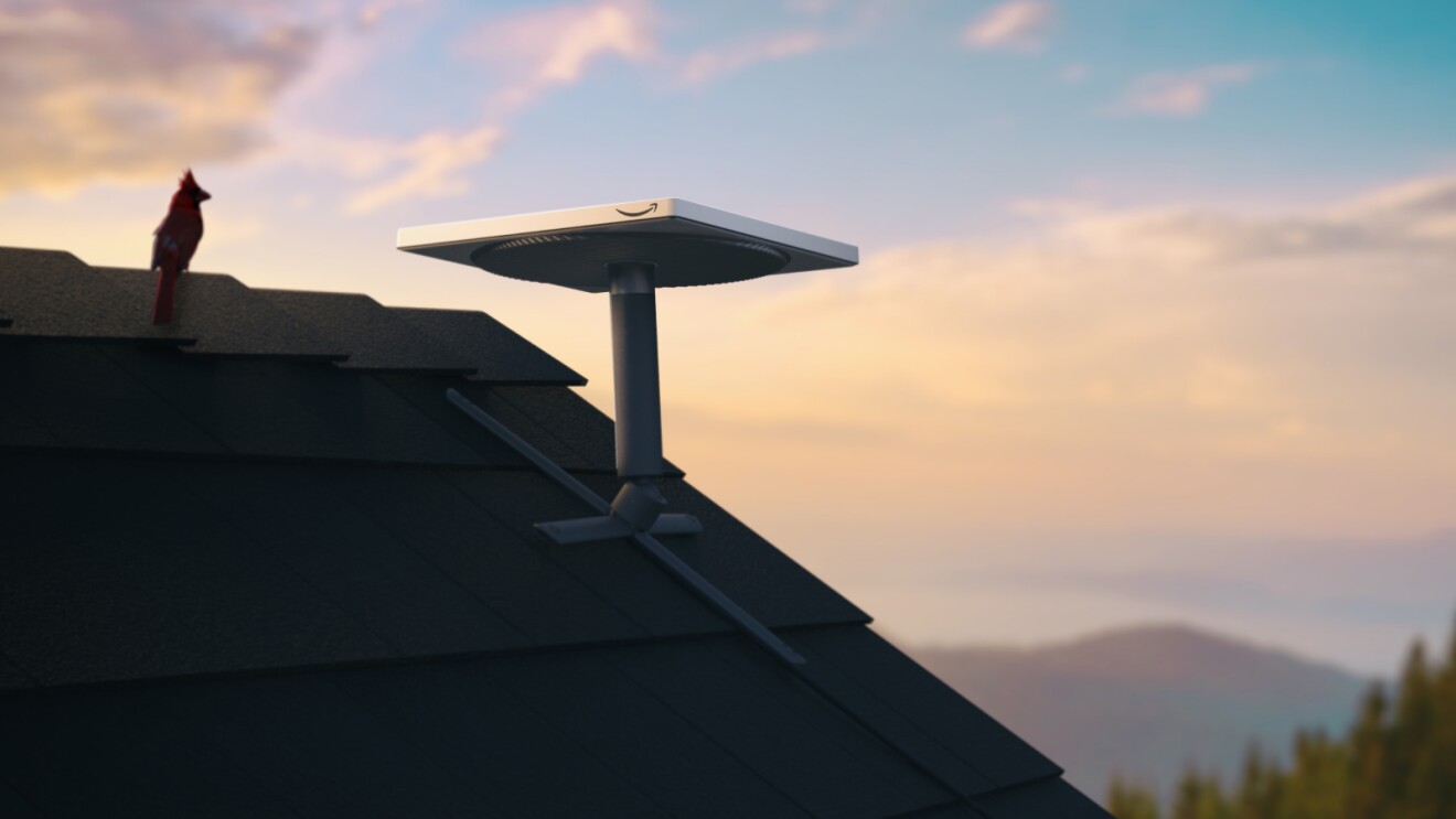 Amazon Leo satellite dish on rooftop at sunset with cardinal silhouette