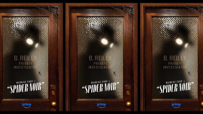 Vintage office doors with frosted glass displaying 'B. REILLY PRIVATE INVESTIGATOR' and movie poster for 'SPIDER NOIR'